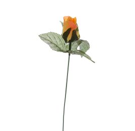ROSE BUD W/LVS ON STEM SALMON