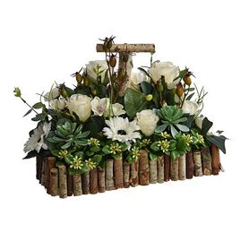 ROSE BUD/GERBERA/ORCHID ARRANGEMENT IN RECT. WOOD CREAM