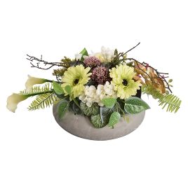 GERBERA CALLA ORCHID ARR ON ROUND PLATE 30X40CM CREAM GREEN