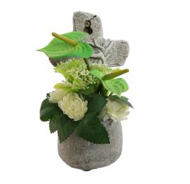 ZINNIA ANTH. ARR IN PLANTER WITH CROSS 10X10X20CM CREAM