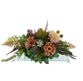GERBERA DAHLIA ARR ON GLASS PLATE 40X20X18CM BROWN
