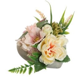 OPEN ROSE HYDRANGEA ARR IN HEART 17X12CM SALMON