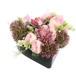 ROSE ALLIUM ARR ON PLASTIC HEART 25X25X15CM PINK