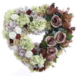 ROSE HYDRANGEA ARR ON OPEN HEART 60X16CM BROWN GREEN
