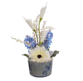 GERBERA/LILAC ARRANGEMENT IN POT CREAM BLUE