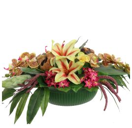 LILY ORCHID ARR IN OVAL PLASTIC POT 70X30X30CM YELLOW