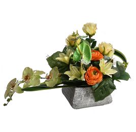 ROSE BUD/RANUNCULUS/ORCHID ARRANGEMENT IN POT ORANGE YELLOW