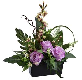 ROSE/MINI CYBIDIUM ARRANGEMENT IN POT LAVENDER