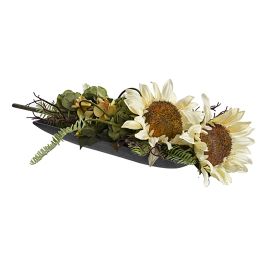 SUNFLOWER/ROSE BUD/ORCHID ARRANGEMENT ON PLATE CREAM GREEN