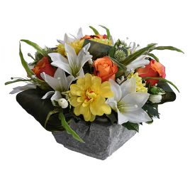 ROSE BUD/ZINNIA/LILLY ARRANGEMENT IN POT ORANGE YELLOW