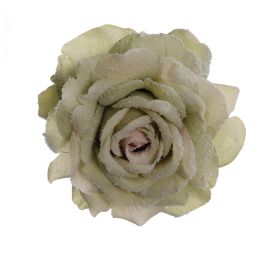 ROSE HEAD W/SNOW ON CLIP 14CM GREEN