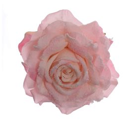 ROSE HEAD W/SNOW ON CLIP 14CM PINK