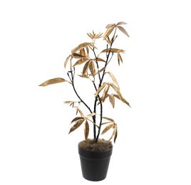 PLASTIC LEAF BLACK STEM IN POT 36CM GOLD