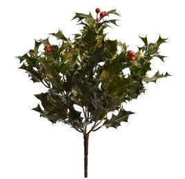PLASTIC HOLLY LEAVES BUSH 35CM GREEN GOLD