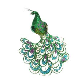 MEDIUM PEACOCK W/GLITTER 18 CM ON CLIP GREEN