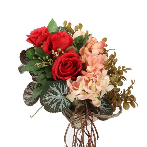 ROSE HYDRANGEA ARRANGEMENT IN BASKET 22X28CM RED