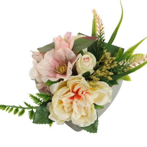 OPEN ROSE HYDRANGEA ARR IN HEART 17X12CM SALMON