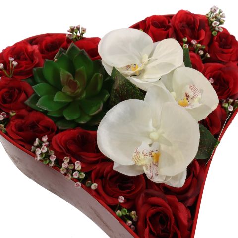 ROSE ORCHID ARR IN PLASTIC HEART 29X27X13CM RED