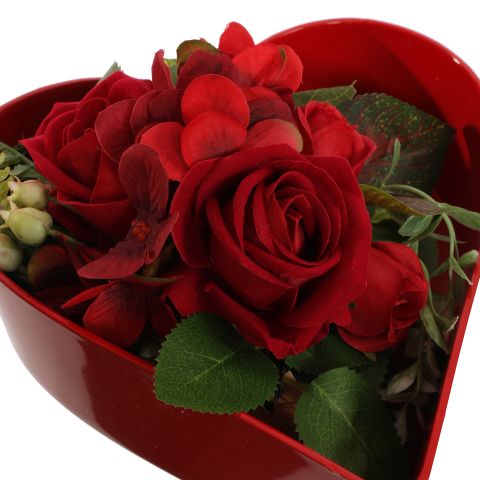 ROSE HYDRANGEA ARR IN PLASTIC HEART 22X20X13CM RED