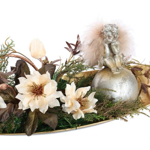 HELLEBORUS/ ANGEL ON BALL ARR ON OVAL PLATE 43X20X18CM GOLD