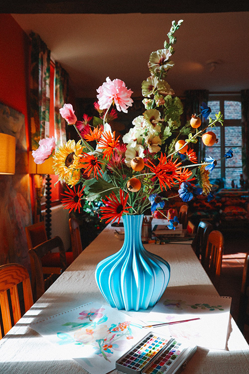 Flower bouquet in blue vase