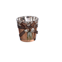 CANDLE HOLDER W/RIBBON AND PINECONE DIA 7.5CM BROWN GOLD